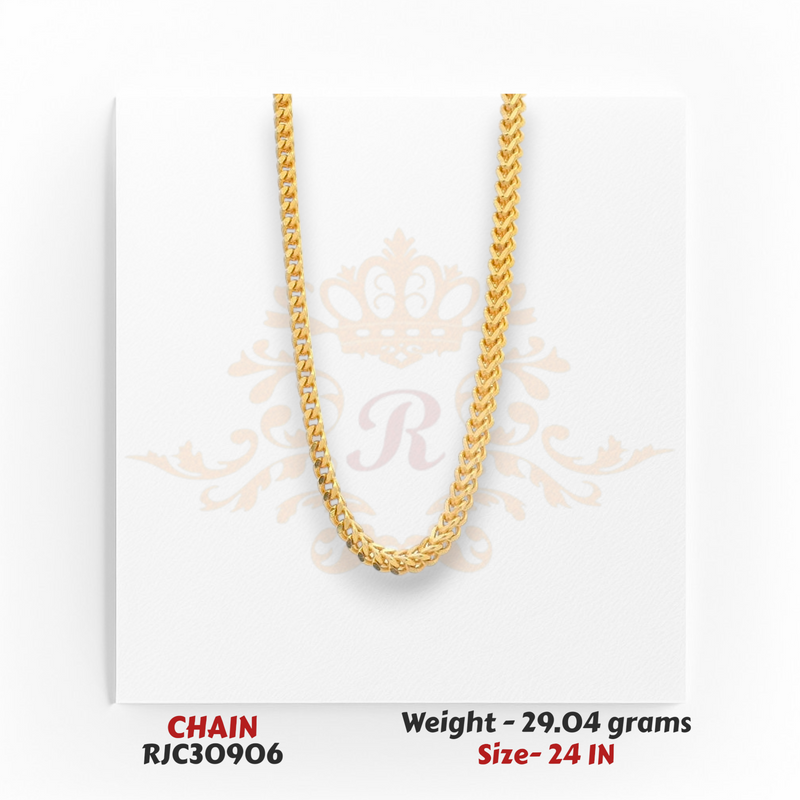 22kt yellow gold chain RJC30906 full view featuring thick curb links, glossy finish, stylish daily wear, 29.04g, 24 in