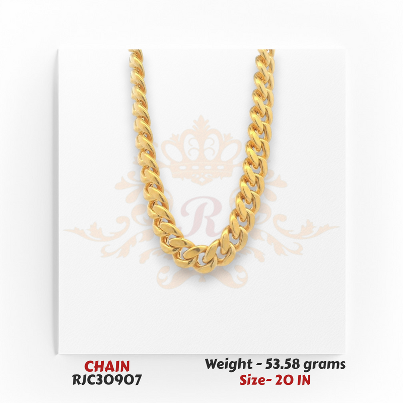 22kt yellow gold chain RJC30907 front view with bold Cuban link design, glossy shine, 53.58 grams, 20 inches