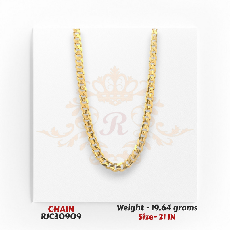 22kt yellow gold chain RJC30909 full view with Cuban curb link design, glossy finish, stylish daily wear, 19.64g, 21 in