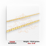 22kt gold chain RJC30909 front view featuring smooth Cuban links, high shine finish, elegant chain, 19.64 grams, 21 inches