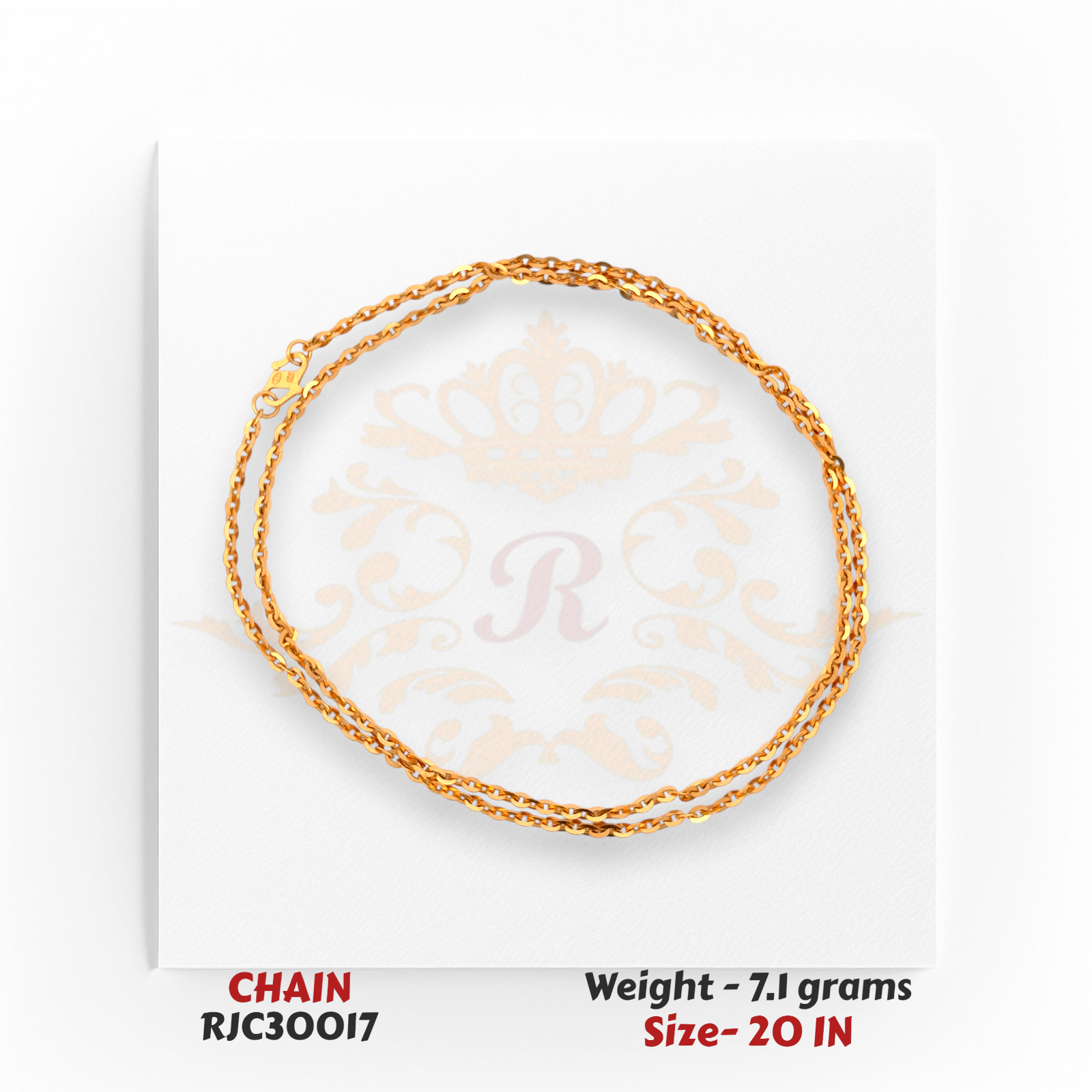 Elegant 22kt Gold Chain Rolled Display – Minimal Round Link Pattern – 7.1 grams, 20 inch – RJC30017