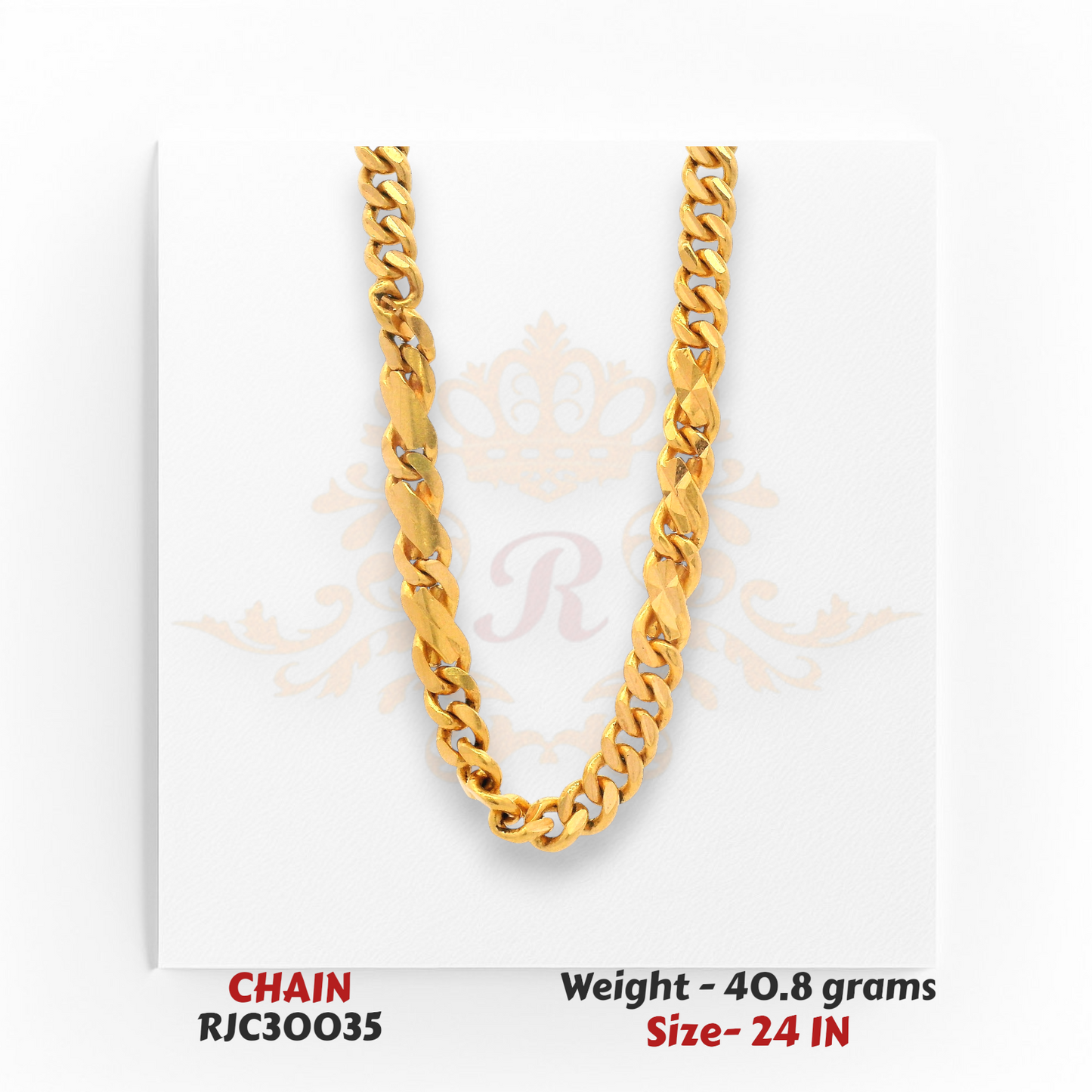 Close-up of 22kt Heavy Gold Curb Chain with High Polish Finish – 40.8 grams, 24 inch – RJC30035