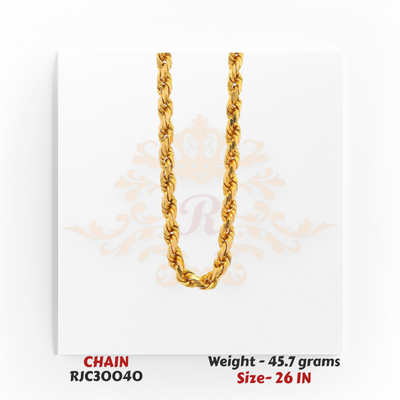 Close-up of 22kt Heavy Rope Chain – Hand-crafted Interwoven Links – 45.7 grams, 26 inch – RJC30040