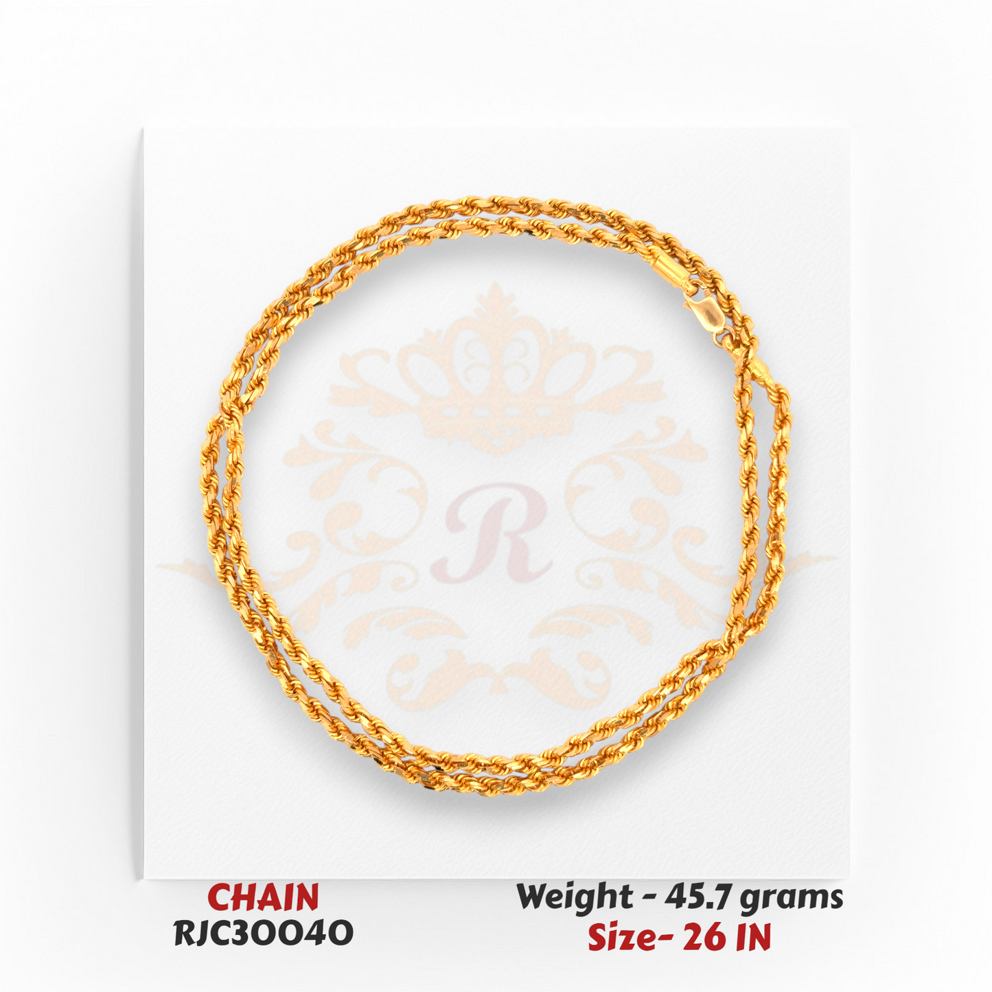 Elegant 22kt Gold Chain Rolled Display – Thick Rope-Style Links – 45.7 grams, 26 inch – RJC30040
