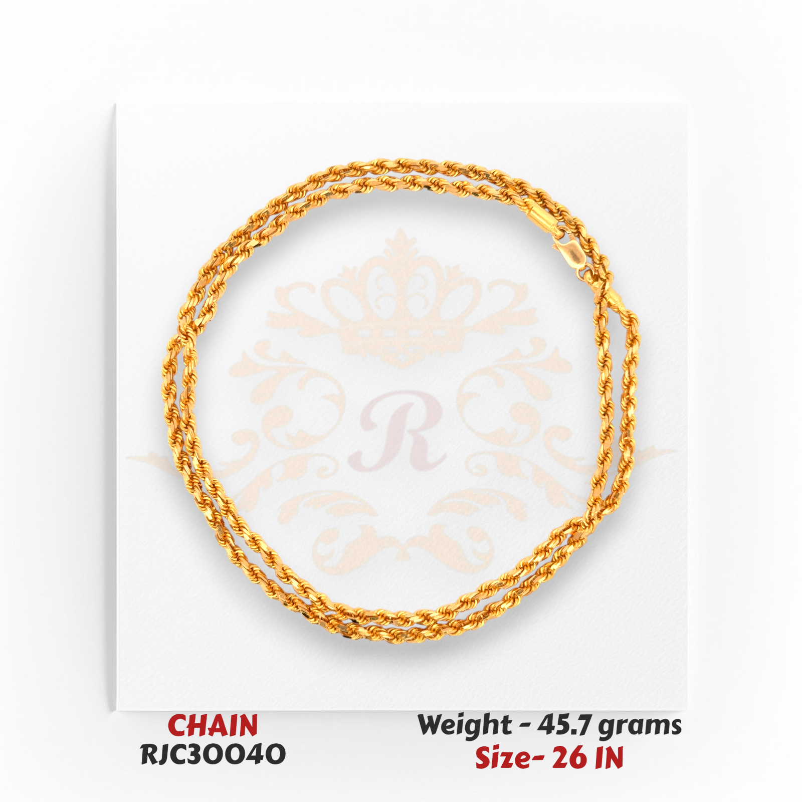 Elegant 22kt Gold Chain Rolled Display – Thick Rope-Style Links – 45.7 grams, 26 inch – RJC30040