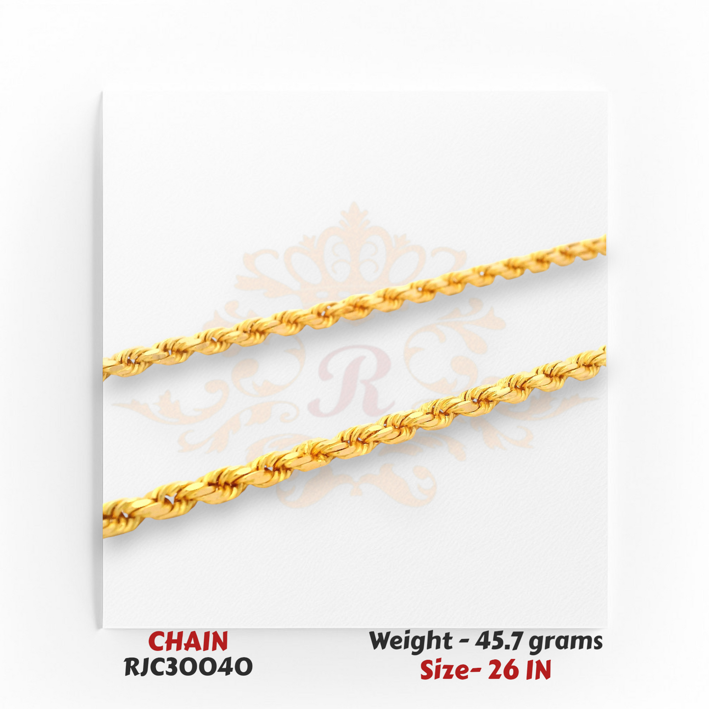 22kt Yellow Gold Rope Chain – Detailed Braided Finish – 45.7 grams, 26 inch – RJC30040