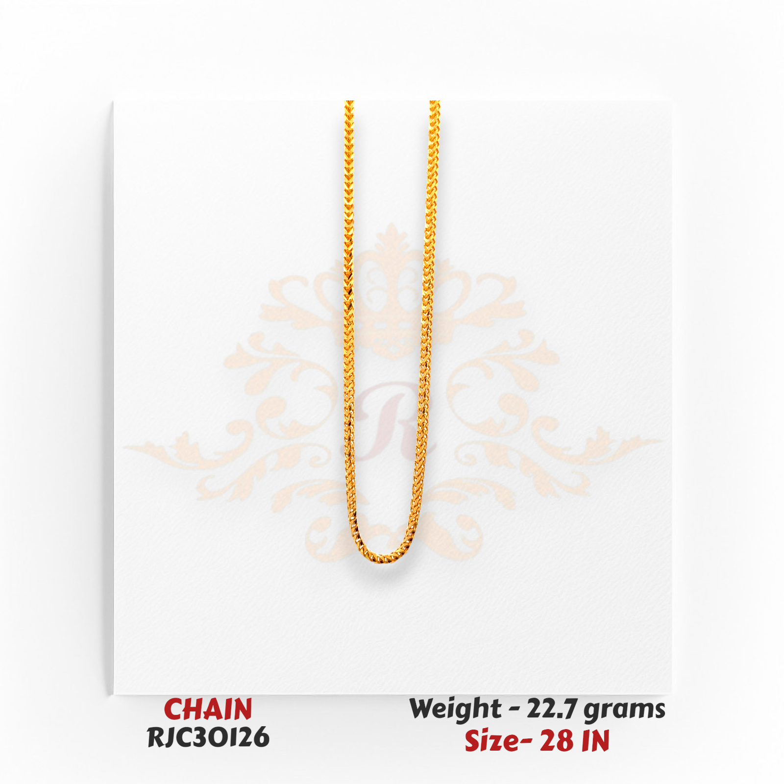 22kt Gold Long Chain – Sleek Herringbone Link Pattern – 22.7 grams, 28 inch – RJC30126
