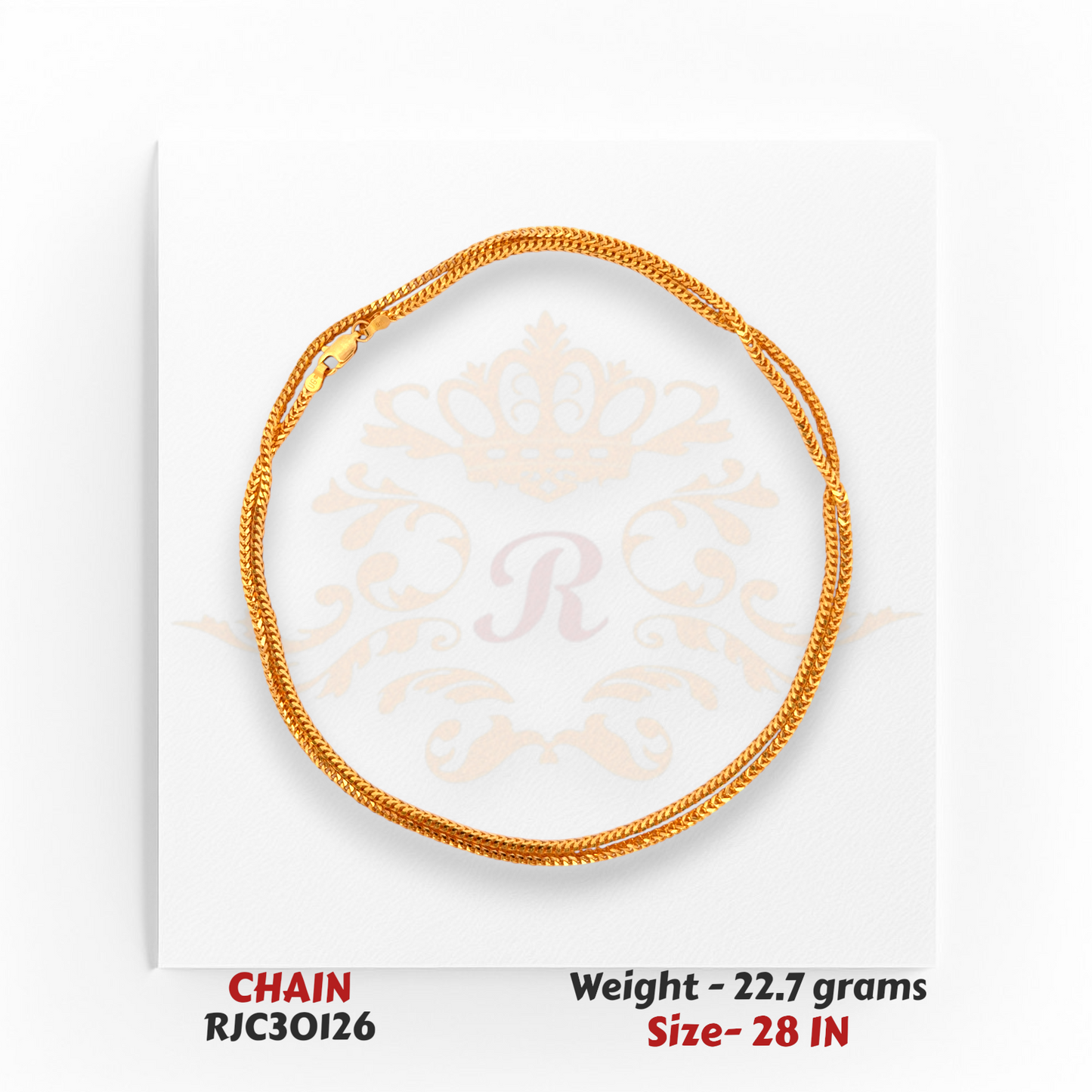Lightweight 22kt Gold Chain Rolled Display – Polished Flat Links – 22.7 grams, 28 inch – RJC30126