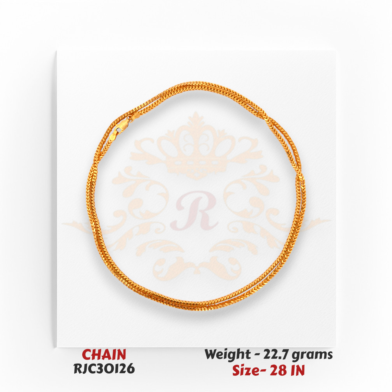 Lightweight 22kt Gold Chain Rolled Display – Polished Flat Links – 22.7 grams, 28 inch – RJC30126