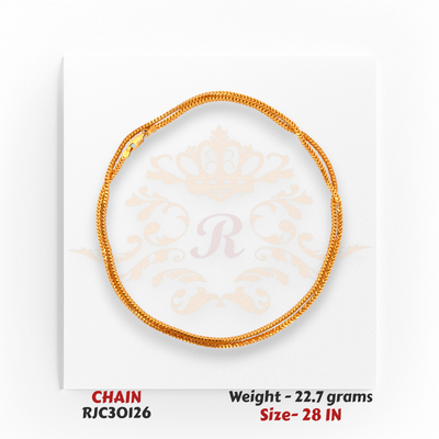Lightweight 22kt Gold Chain Rolled Display – Polished Flat Links – 22.7 grams, 28 inch – RJC30126