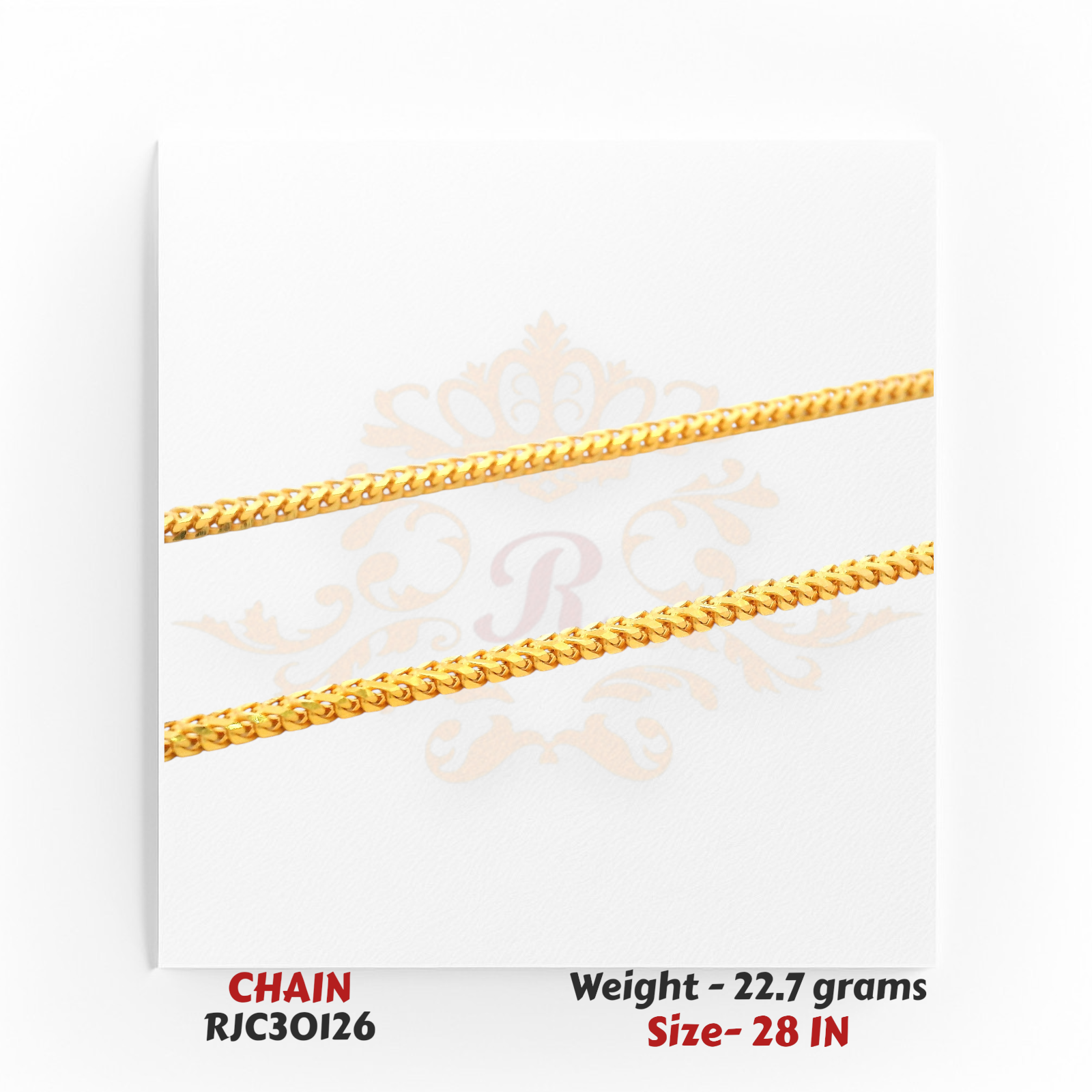 22kt Yellow Gold Herringbone Chain – Smooth Interlocking Design – 22.7 grams, 28 inch – RJC30126