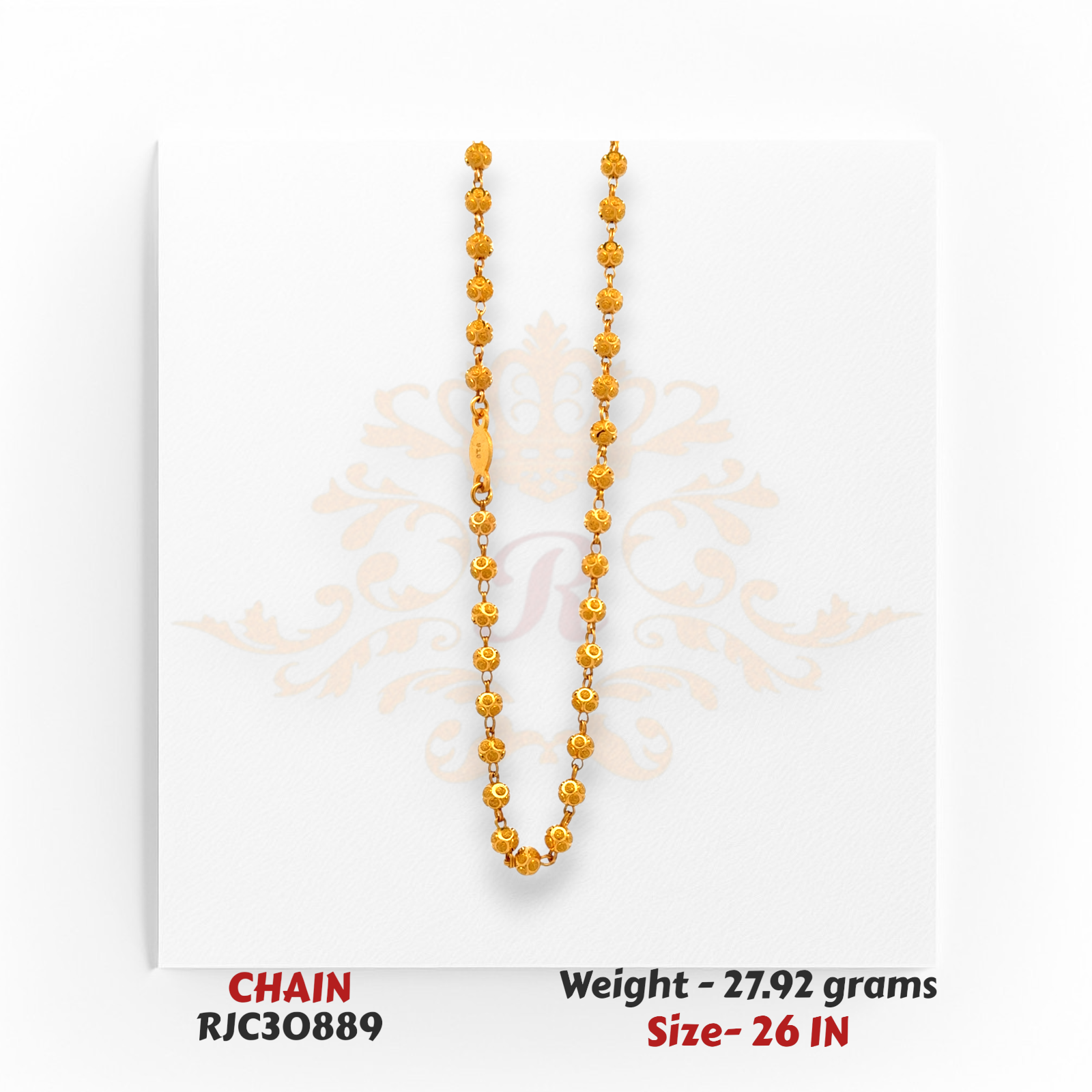 22kt Gold Beaded Chain – Traditional Filigree Bead Design – 27.92 grams, 26 inch – RJC30889