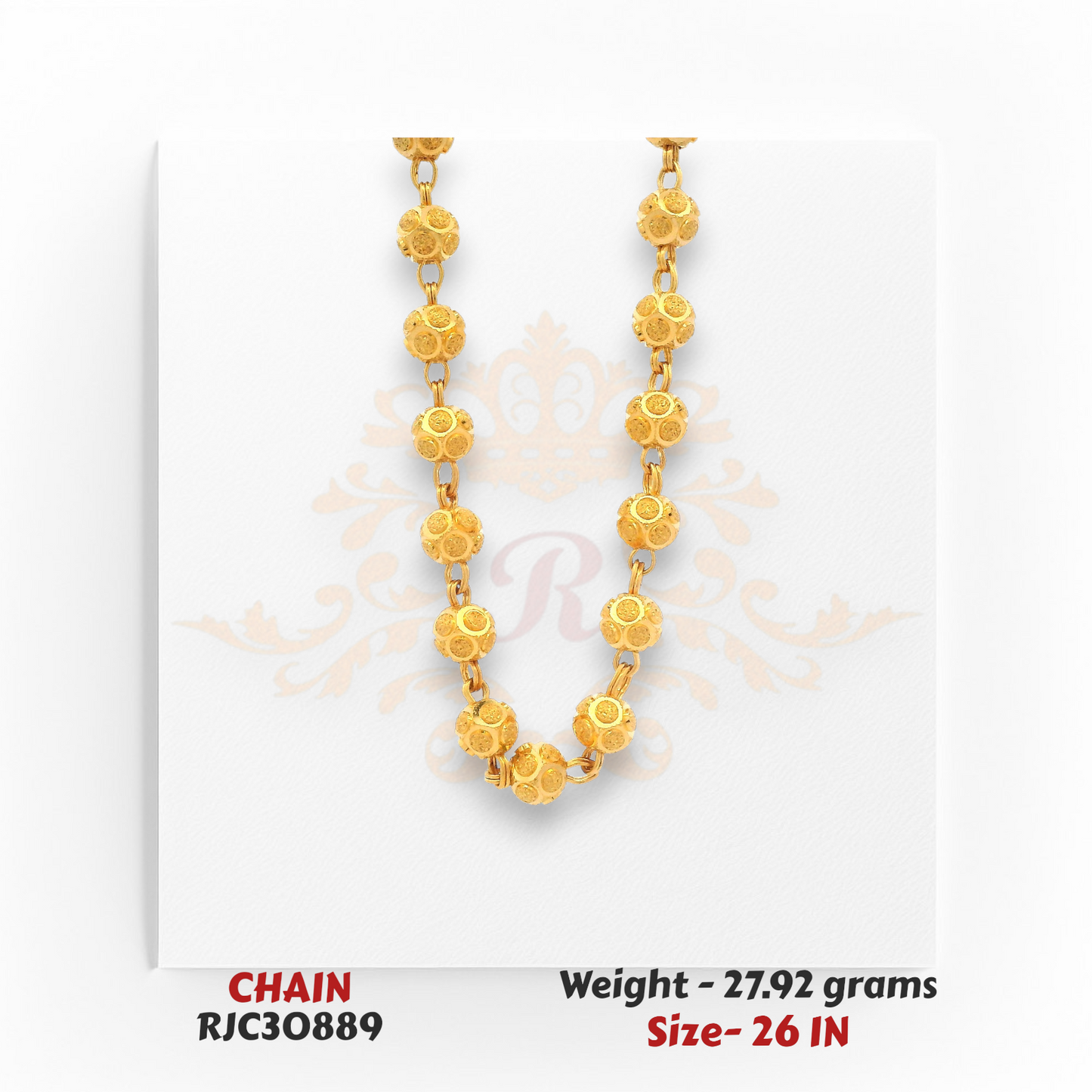Close-up of 22kt Gold Round Beads Chain – Intricate Handcrafted Detailing – 27.92 grams, 26 inch – RJC30889