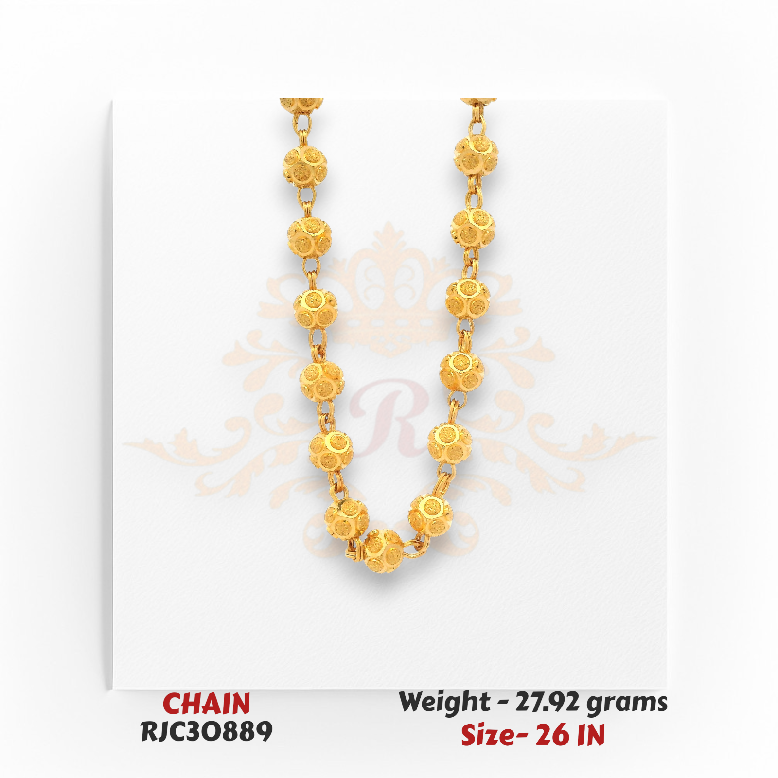 Close-up of 22kt Gold Round Beads Chain – Intricate Handcrafted Detailing – 27.92 grams, 26 inch – RJC30889