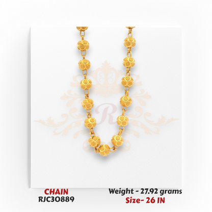 Close-up of 22kt Gold Round Beads Chain – Intricate Handcrafted Detailing – 27.92 grams, 26 inch – RJC30889