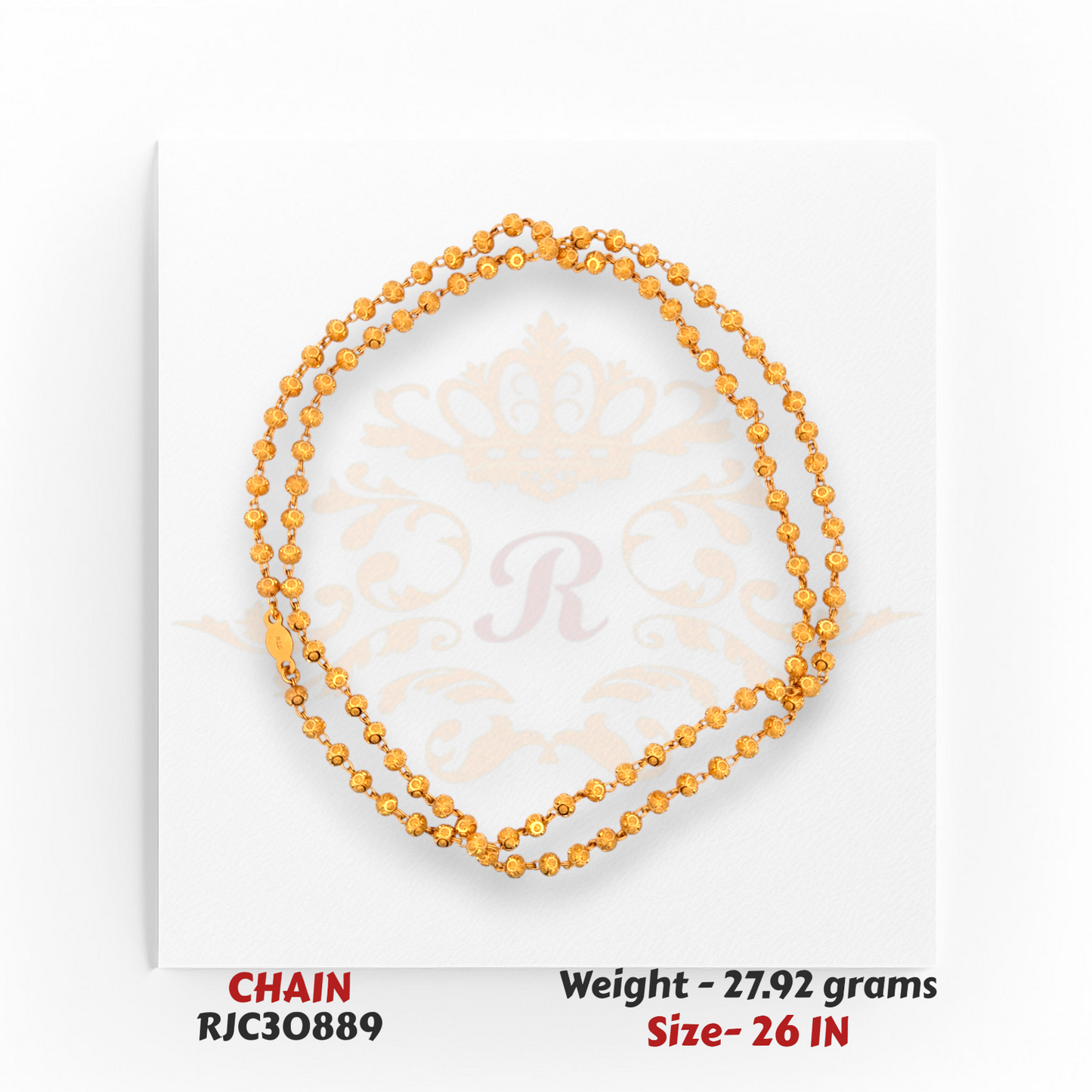Rolled 22kt Gold Beaded Chain – Textured Floral Bead Style – 27.92 grams, 26 inch – RJC30889