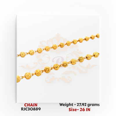 22kt Yellow Gold Beaded Chain – Ornate Filigree Spherical Links – 27.92 grams, 26 inch – RJC30889