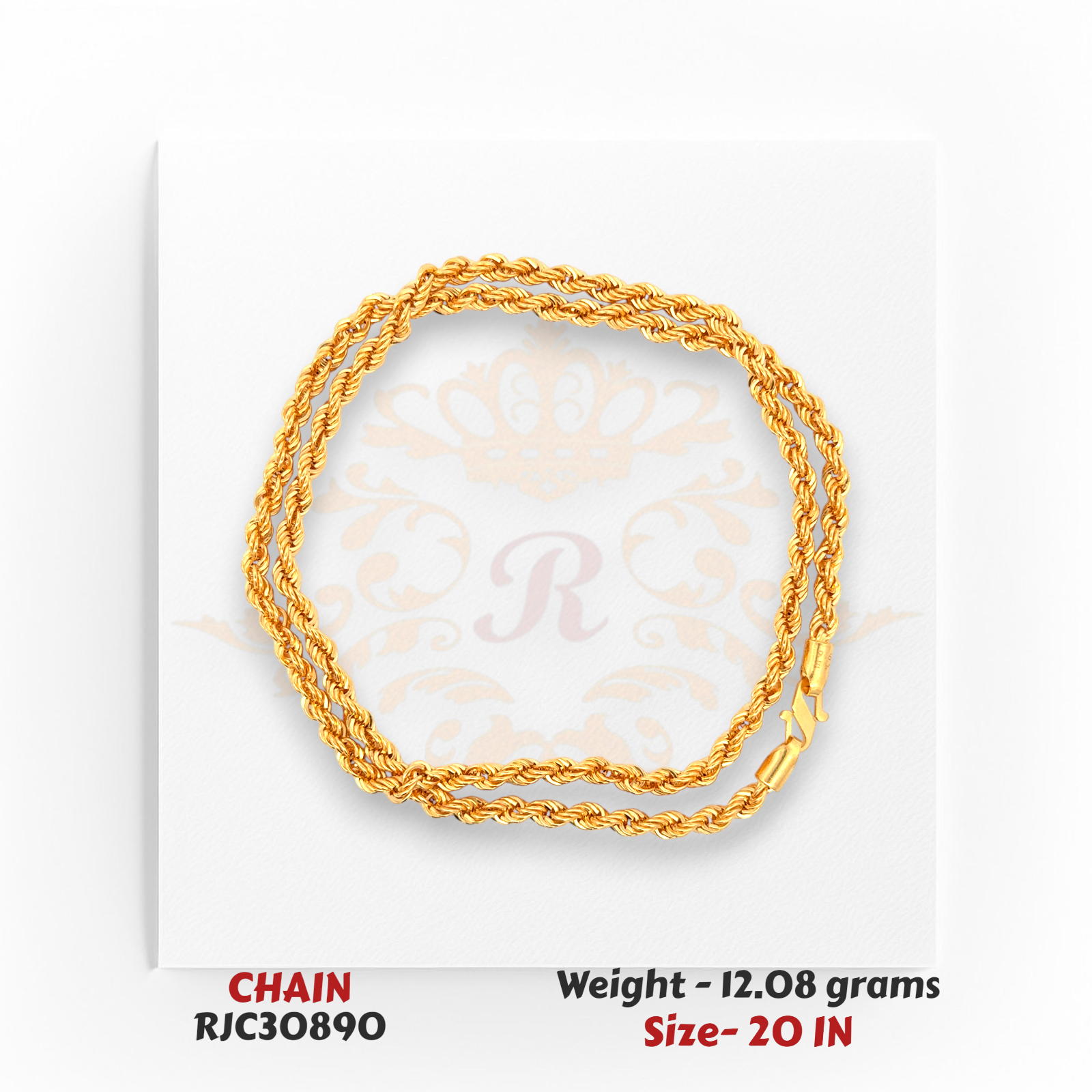 Lightweight 22kt Gold Chain Rolled Display – Rope Pattern Links – 12.08 grams, 20 inch – RJC30890