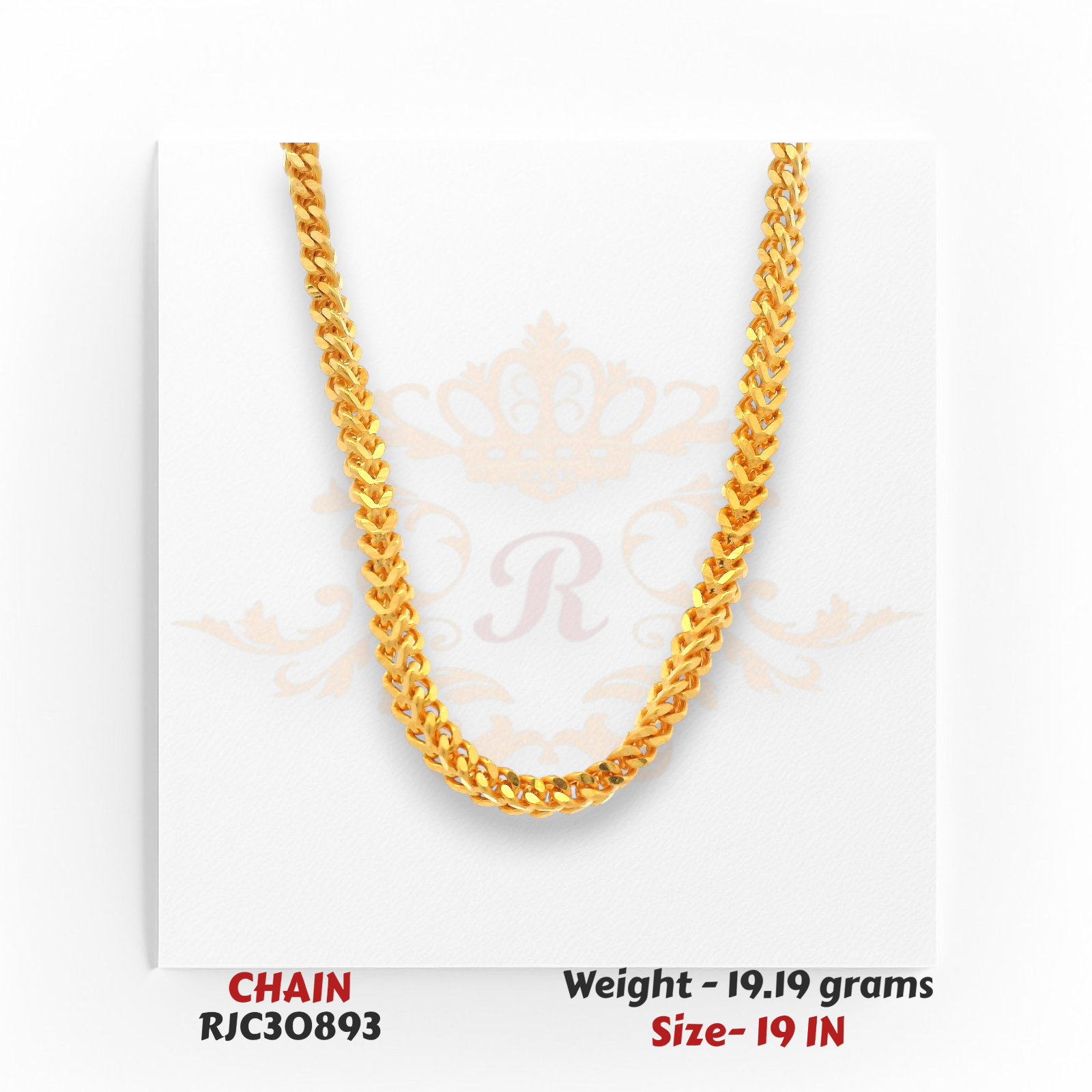Close-up of 22kt Gold Curb Chain – Polished Geometric Pattern – 19.19 grams, 19 inch – RJC30893