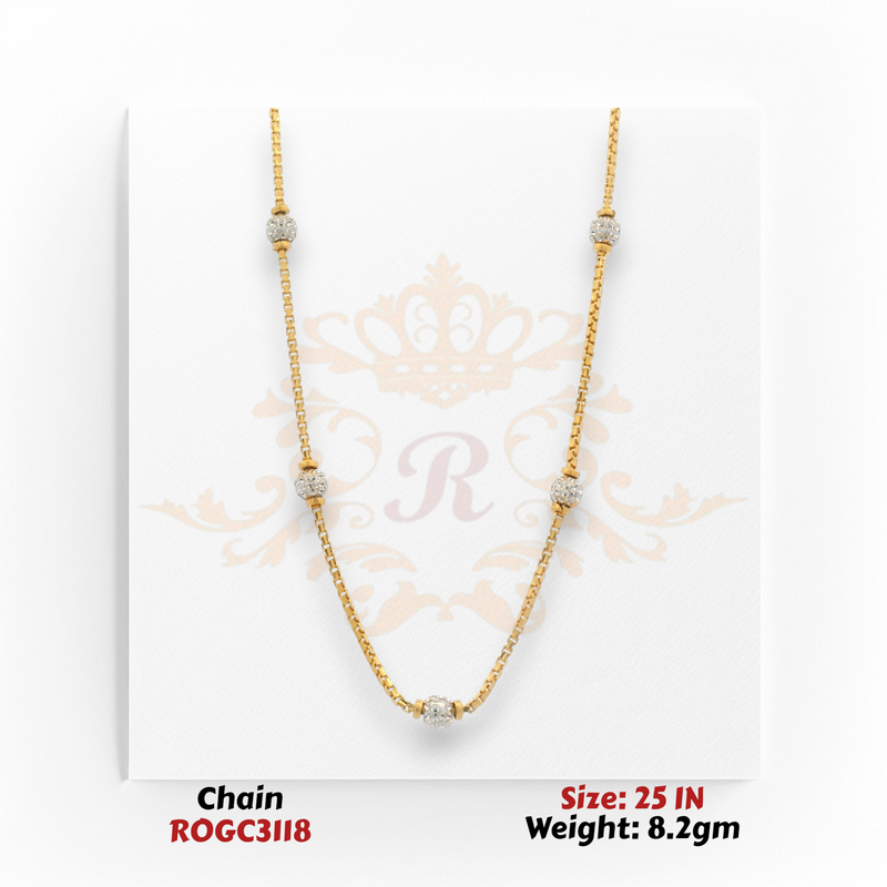 22kt gold station bead chain necklace 25 inch 8.2 gm with white accents ROGC3118