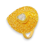22k gold floral engraved ladies ring with raw uncut diamond centerpiece – traditional Indian jewelry design RJDR3046