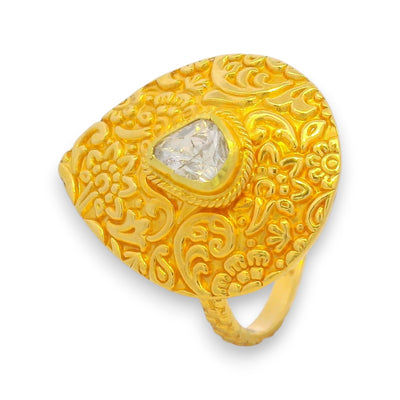 22k gold floral engraved ladies ring with raw uncut diamond centerpiece – traditional Indian jewelry design RJDR3046