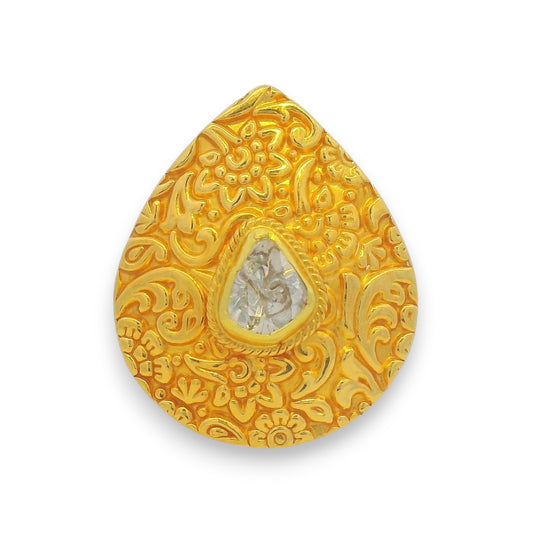 Handcrafted 22k gold engraved floral ladies ring with raw uncut diamond centerpiece – ethnic jewelry USA RJDR3046