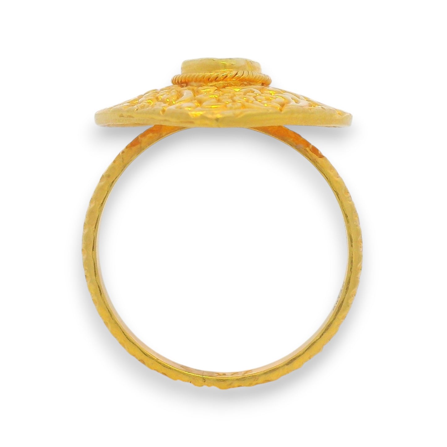22k gold raw uncut diamond ladies ring side profile with intricate engraved floral detailing RJDR3046
