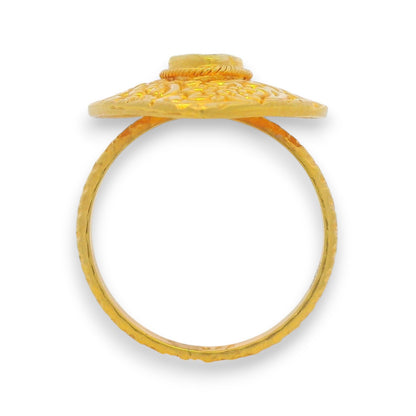 22k gold raw uncut diamond ladies ring side profile with intricate engraved floral detailing RJDR3046