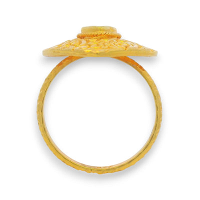 22k gold raw uncut diamond ladies ring side profile with intricate engraved floral detailing RJDR3046