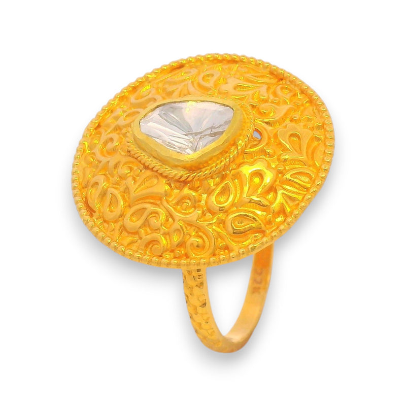 22kt gold filigree ladies ring with raw uncut diamond centerpiece, traditional round design, handcrafted detailing for weddings and parties – Model RJDR3048