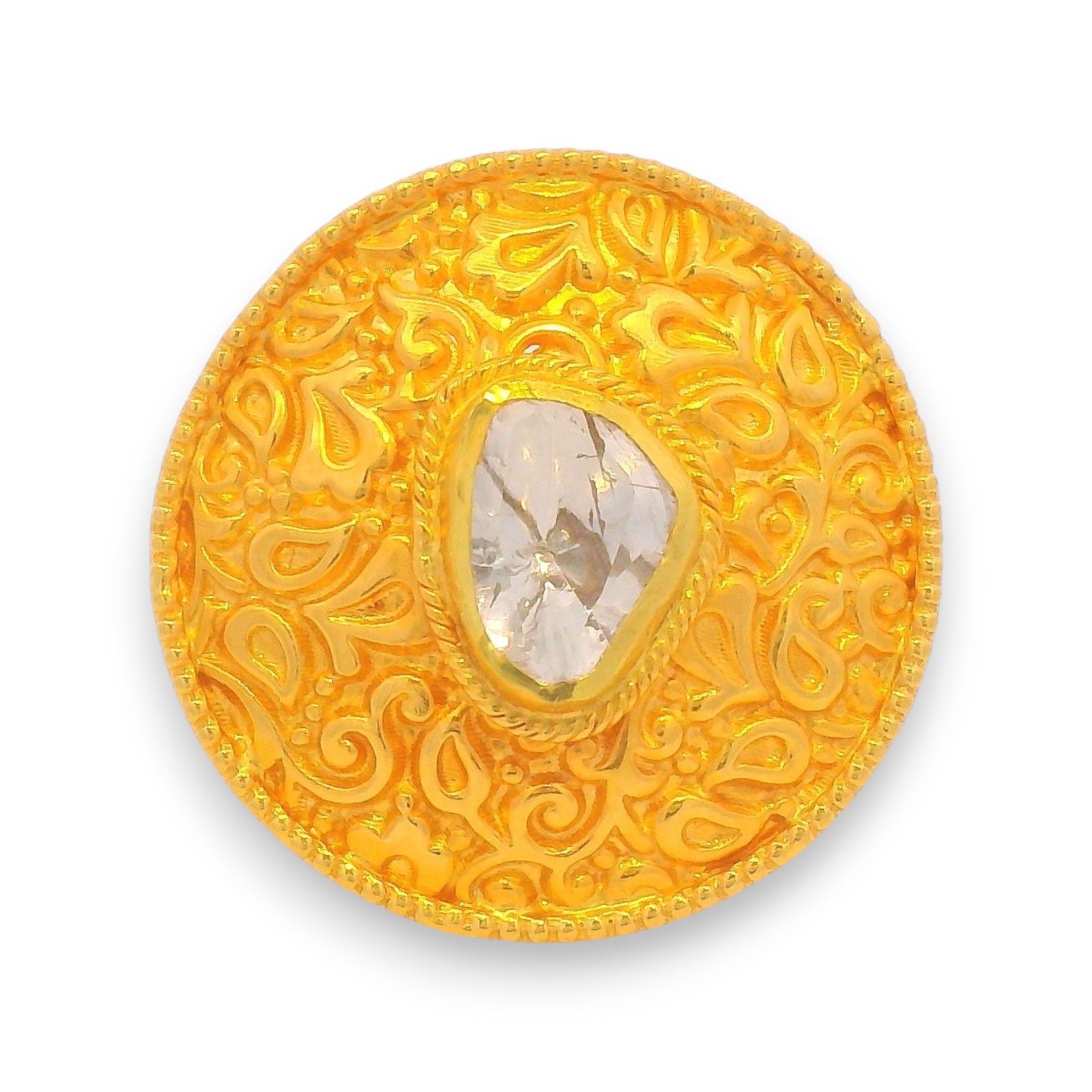 Top view of 22kt gold statement ring with uncut diamond, round floral filigree pattern, perfect Indian ethnic jewelry for women – Model RJDR3048