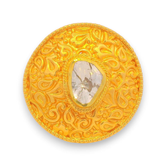 Top view of 22kt gold statement ring with uncut diamond, round floral filigree pattern, perfect Indian ethnic jewelry for women – Model RJDR3048