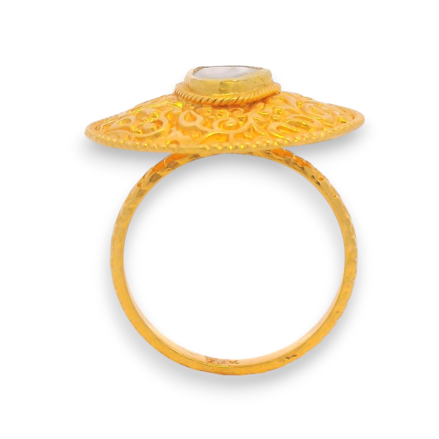 Side profile of 22kt yellow gold ladies ring featuring intricate filigree work and bold uncut diamond setting, lightweight and elegant – Model RJDR3048