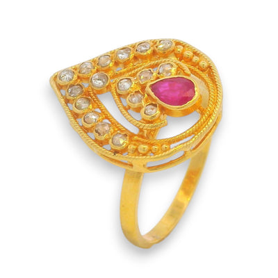 Designer 22kt Yellow Gold Ring with Ruby Gemstone and Polki Diamond Accents – Engagement and wedding statement ring RJDR3214