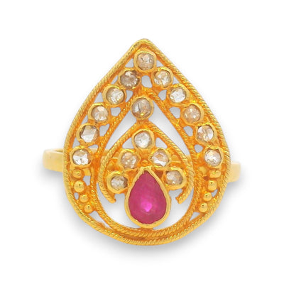 22kt Gold Ruby and Diamond Ring RJDR3214 – Teardrop design with uncut polki diamonds and pear-shaped ruby centerpiece