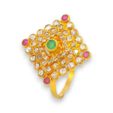 Handcrafted 22k gold diamond ring featuring green emerald and ruby gemstones, traditional Indian jewelry design – Regal Jewels Chicago – RJDR3222