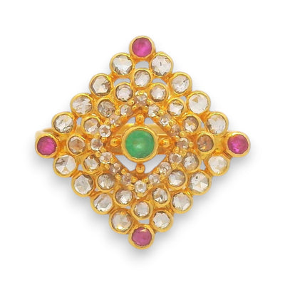 22k gold diamond ladies ring with emerald center and ruby accents, raw uncut diamonds in floral square design – Regal Jewels Chicago – RJDR3222