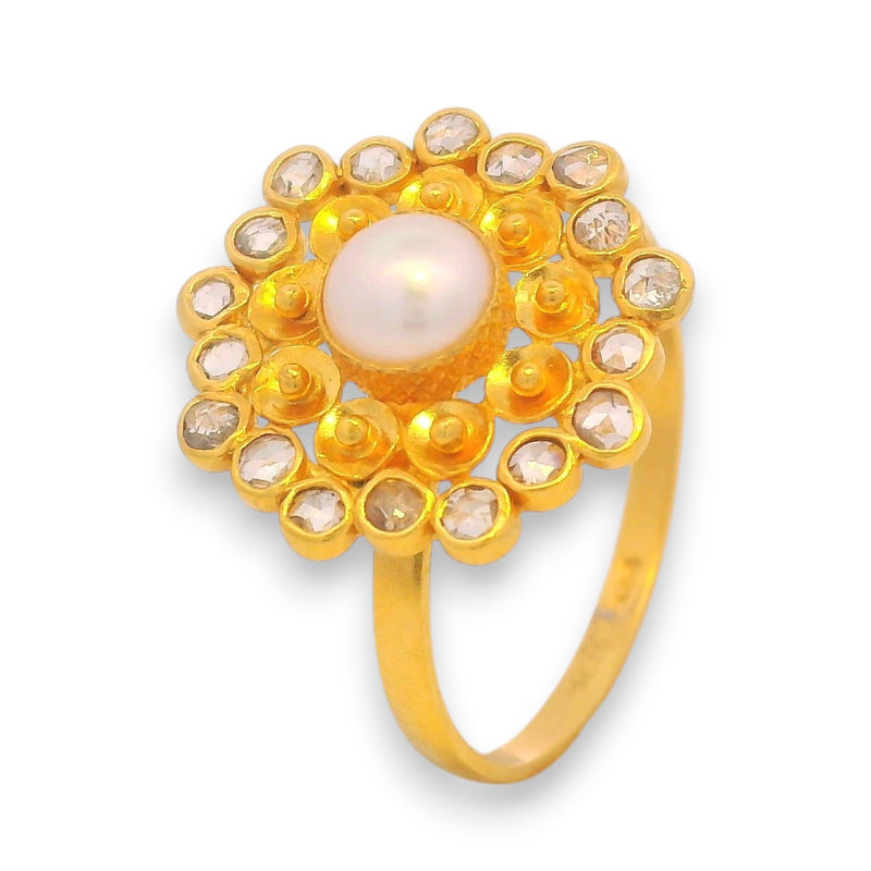 Elegant 22kt Yellow Gold Ladies Ring with Natural Pearl and Polki Diamonds – Traditional Indian bridal jewelry RJDR3227