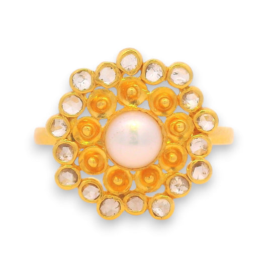 22kt Gold Pearl and Diamond Ring RJDR3227 – Floral design with round pearl centerpiece and raw uncut polki diamonds