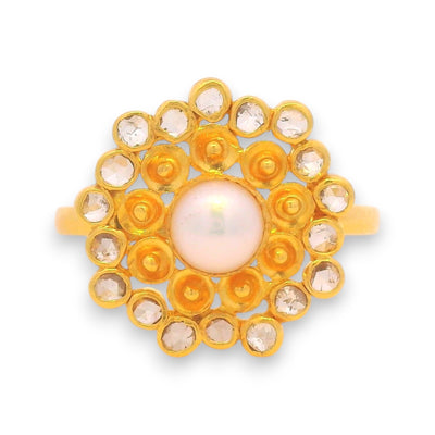 22kt Gold Pearl and Diamond Ring RJDR3227 – Floral design with round pearl centerpiece and raw uncut polki diamonds