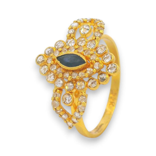 Handcrafted 22kt Gold Ring with Blue Sapphire and Polki Diamonds – Traditional Indian engagement and wedding jewelry RJDR3231