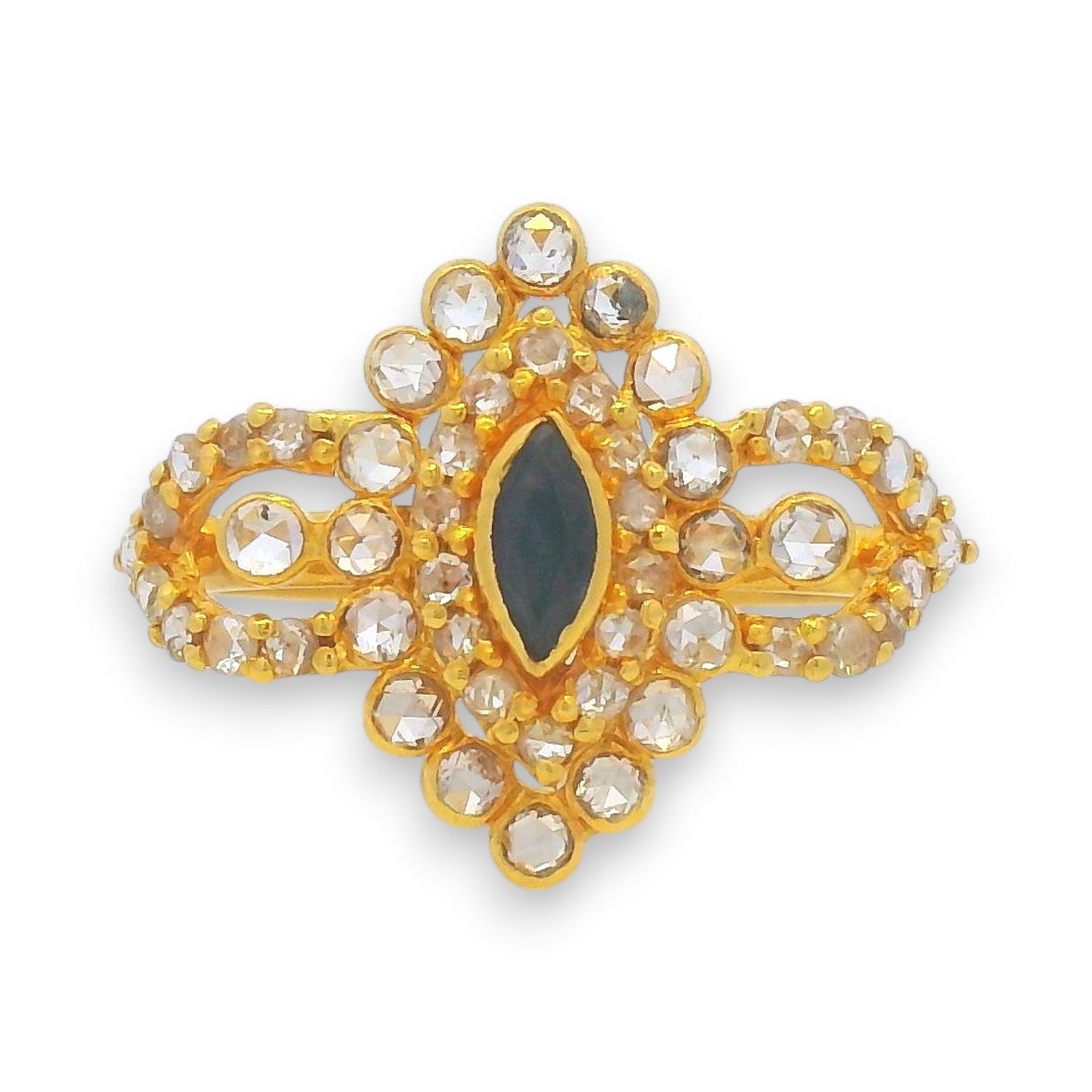 22kt Gold Blue Sapphire Diamond Ring RJDR3231 – Elegant uncut diamond cocktail ring with navette sapphire centerpiece and Kundan design