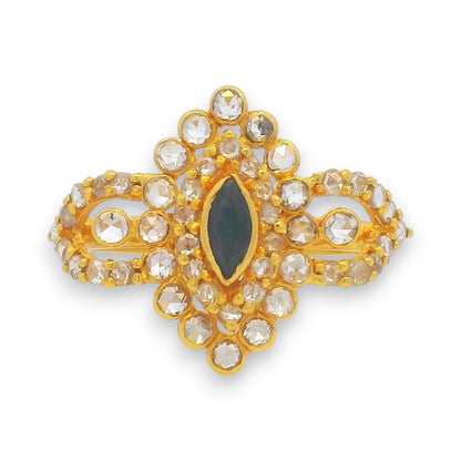 22kt Gold Blue Sapphire Diamond Ring RJDR3231 – Elegant uncut diamond cocktail ring with navette sapphire centerpiece and Kundan design