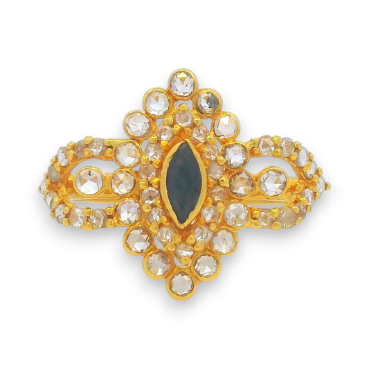 22kt Gold Blue Sapphire Diamond Ring RJDR3231 – Elegant uncut diamond cocktail ring with navette sapphire centerpiece and Kundan design