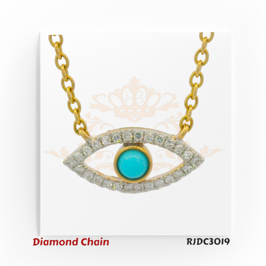 14kt gold Evil Eye diamond chain with turquoise center stone, surrounded by VS1/VS2 F–G color diamonds, product code RJDC3019, total weight 1.91 grams, diamond weight 0.07 carats.