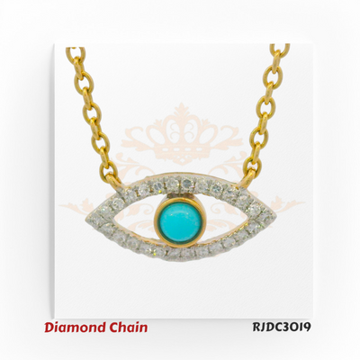 14kt gold Evil Eye diamond chain with turquoise center stone, surrounded by VS1/VS2 F–G color diamonds, product code RJDC3019, total weight 1.91 grams, diamond weight 0.07 carats.