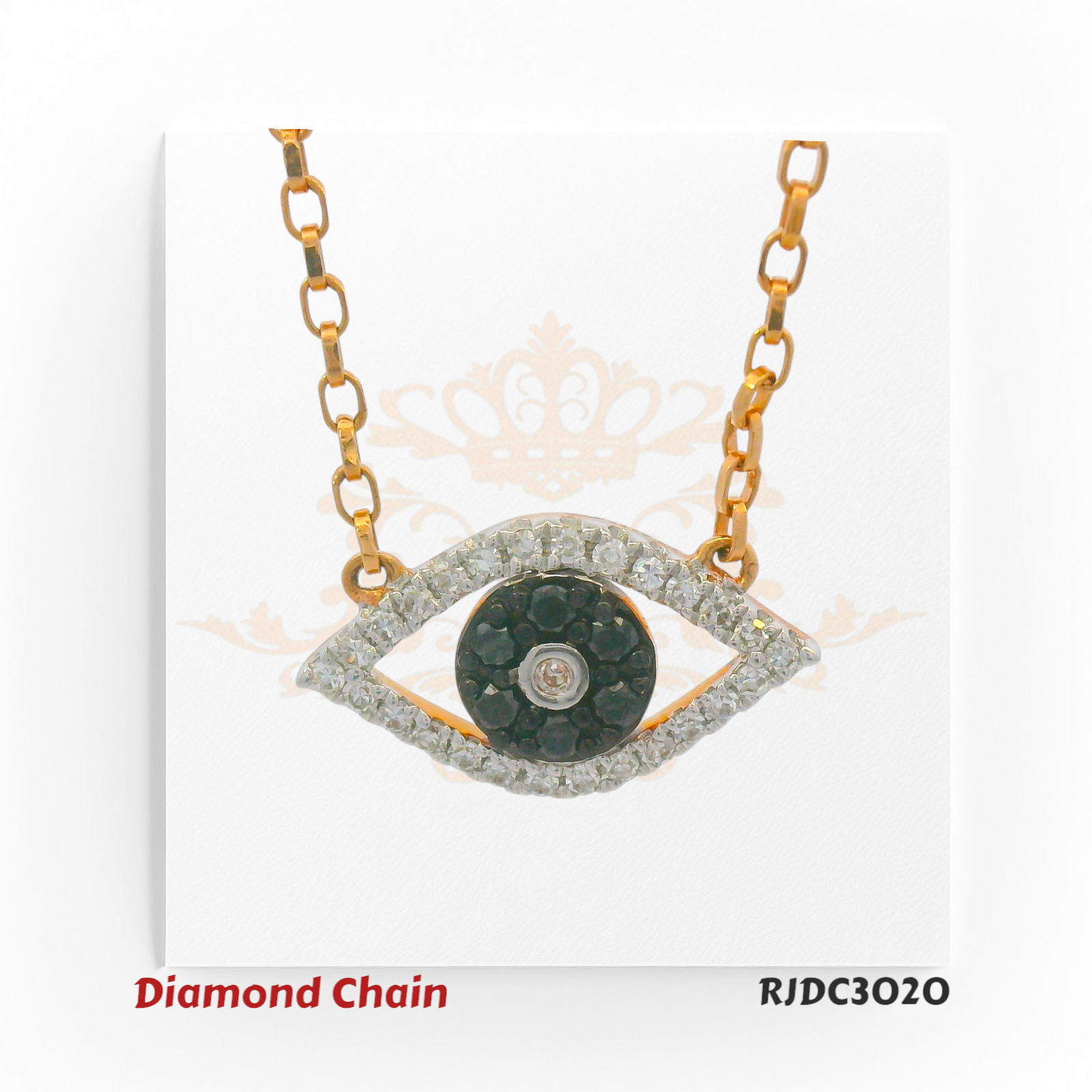 14kt yellow gold Evil Eye necklace featuring a black diamond circular center with surrounding white diamonds, set on a gold chain. Product code RJDC3020. Weight 2.58 grams. Total diamond weight 0.15 carats. Clarity VS1/VS2, Color F–G.