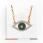 14kt yellow gold Evil Eye necklace featuring a black diamond circular center with surrounding white diamonds, set on a gold chain. Product code RJDC3020. Weight 2.58 grams. Total diamond weight 0.15 carats. Clarity VS1/VS2, Color F–G.