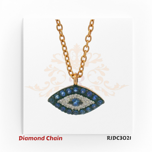 14kt yellow gold Evil Eye necklace with deep blue sapphires and center diamond accent, featuring round diamond and sapphire setting on a gold chain. Product Code RJDC3021. Weight 2.44 grams. Diamond 0.04ct. Sapphire 0.15ct. VS1/VS2 F–G color stones.